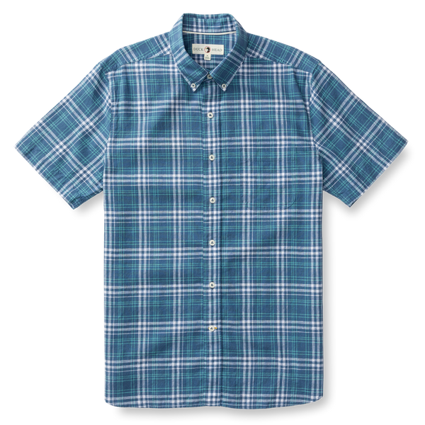 Quinton Plaid Short Sleeve Linen Cotton Oxford Sport Shirt - Shadow Blue