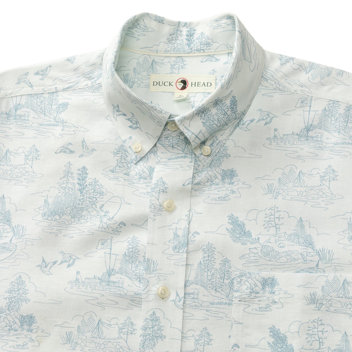 Lakeview Print Short Sleeve Linen Cotton Oxford Sport Shirt - Soft White