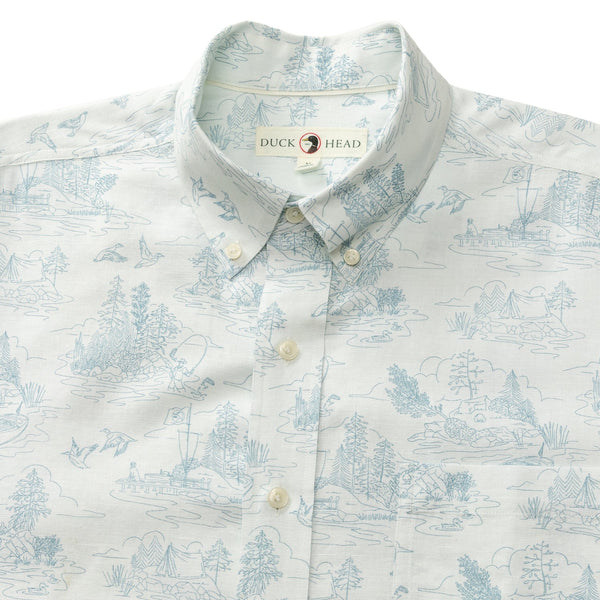 Lakeview Print Short Sleeve Linen Cotton Oxford Sport Shirt - Soft White