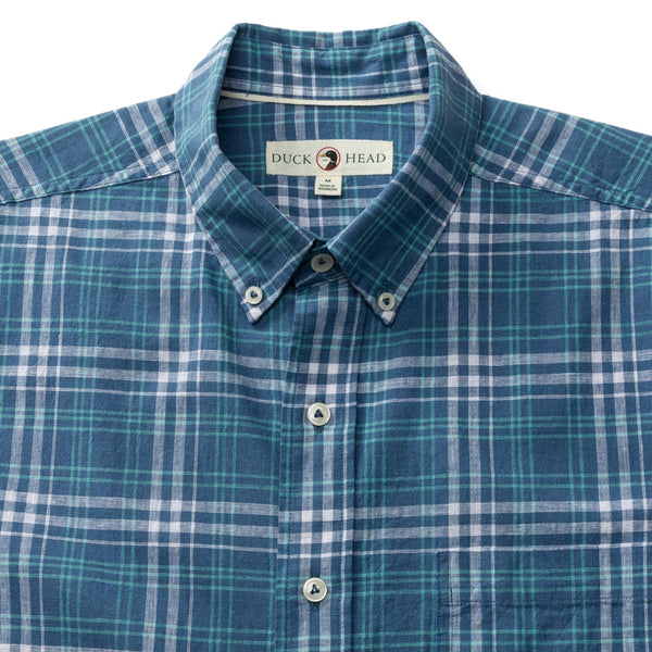 Quinton Plaid Short Sleeve Linen Cotton Oxford Sport Shirt - Shadow Blue