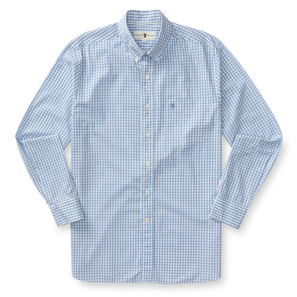 Edgewood Plaid Cotton Poplin Sport Shirt - Lake Blue