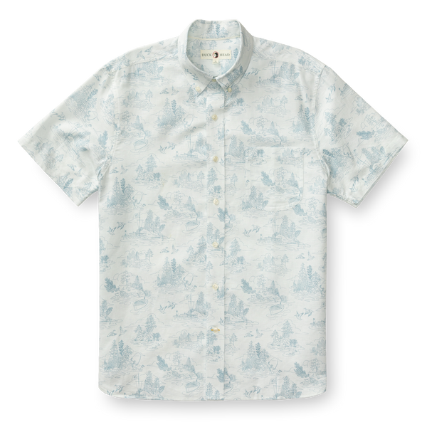 Lakeview Print Short Sleeve Linen Cotton Oxford Sport Shirt - Soft White