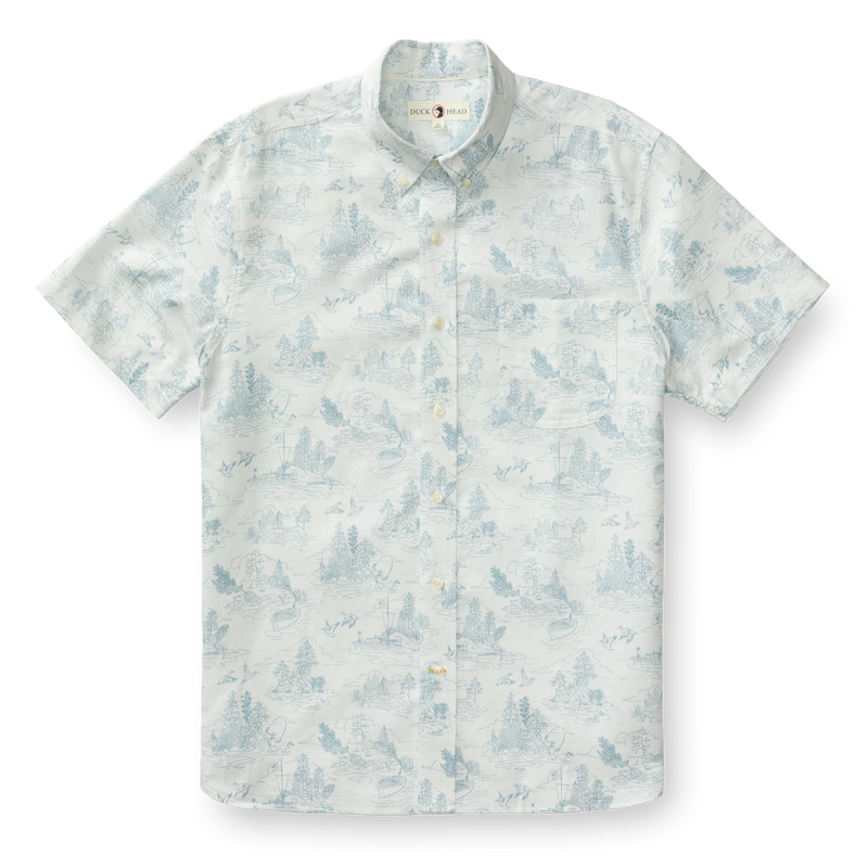 Lakeview Print Short Sleeve Linen Cotton Oxford Sport Shirt - Soft White