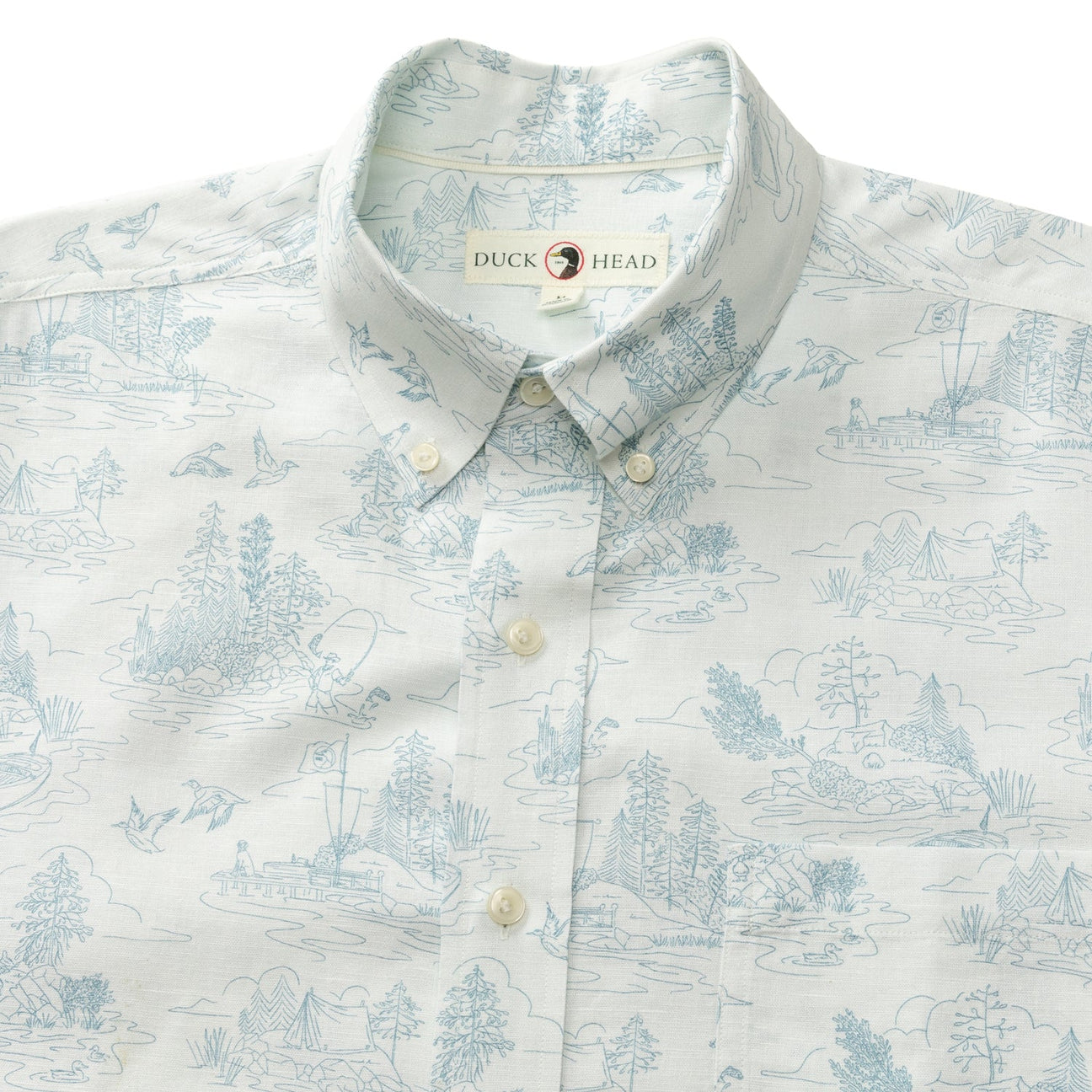 Lakeview Print Short Sleeve Linen Cotton Oxford Sport Shirt - Soft White