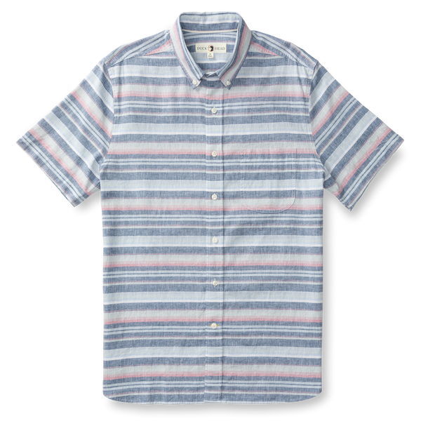 Gardner Stripe Short Sleeve Linen Cotton Oxford Sport Shirt - Shadow Blue