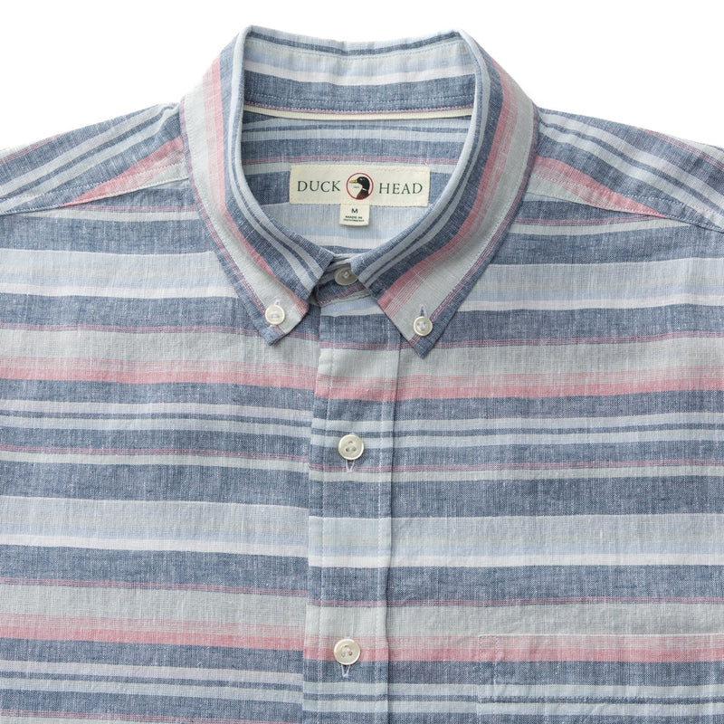 Gardner Stripe Short Sleeve Linen Cotton Oxford Sport Shirt - Shadow Blue